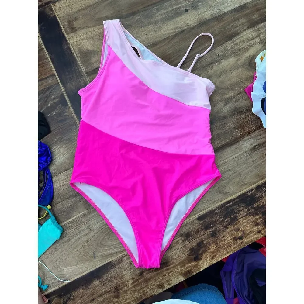 Milumia Women's Colorblock Asymmetrical Neck One Piece Swimsuit Size Large